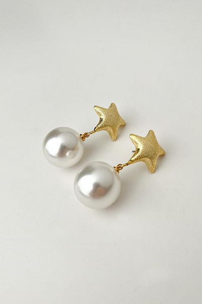 Modex Gold Color Star Ball Pearl Dangle Earrings (4cm)