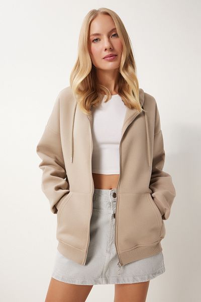 Lovelyİstanbul Oversize Hooded Zipper Sweatshirt - Vizon Lub0002