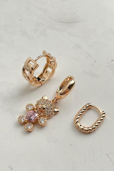 Modex Gold Color Teddy Bear Figured Triple Earrings Set