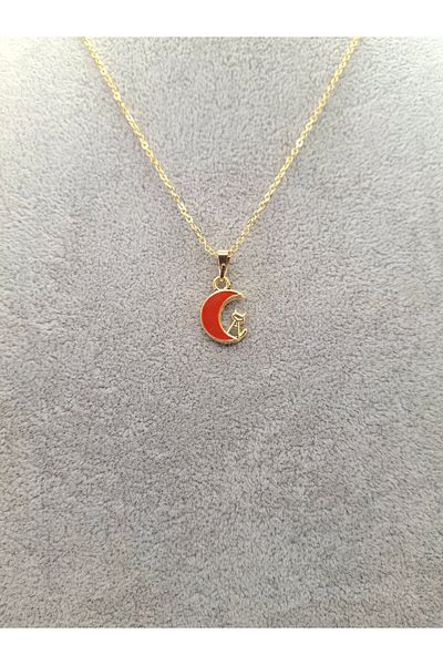 Han Ticarethane Red Crescent Moon Necklace with Gold Color Cat