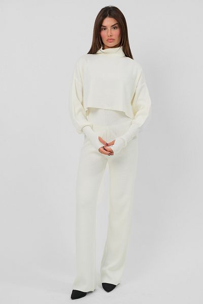 4S1B FASHION High-Top Turtleneck Hand-Held Crop Sweater and High-Waisted Pants Bottom Top Ecru Knitwear Set 015
