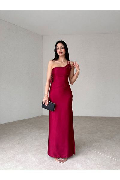 LOCH BUTİK Women's Claret Red Rose Detailed Satin Maxi Dress