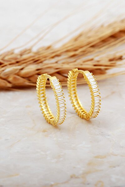 Sümer Telkari 22 Mm Baget Taşlı Büyük Boy Altın Kaplama Gümüş Halka Küpe 7121