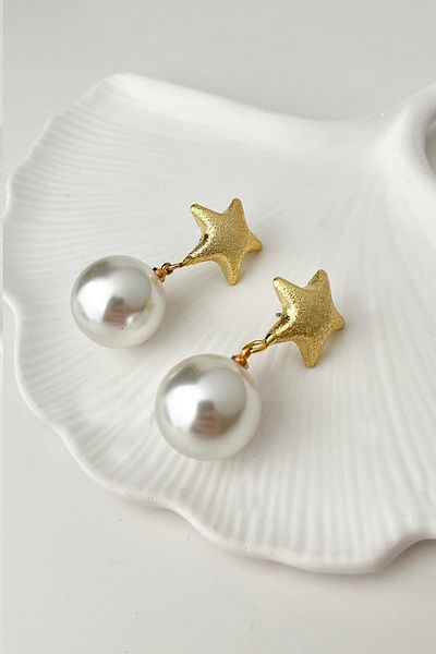 Modex Gold Color Star Ball Pearl Dangle Earrings (4cm)