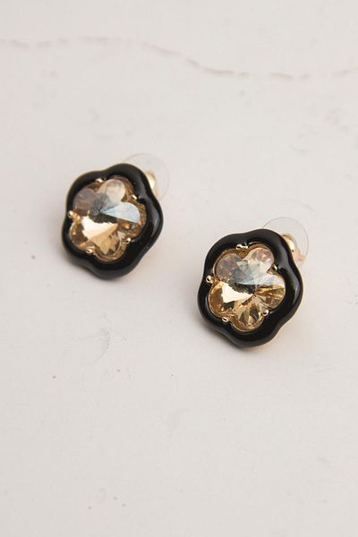 Modex Honey Colored Jewelled Enamel Flower Earrings (2cm)