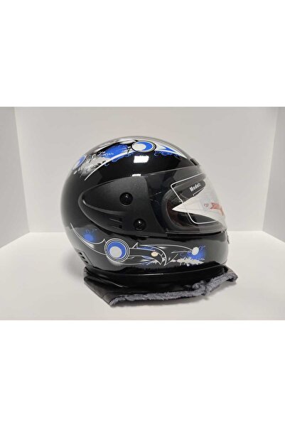 Leos -FULL FACE KASK-SİYAH MAVİ DESENLİ-DERİ BOYUNLUKLU-