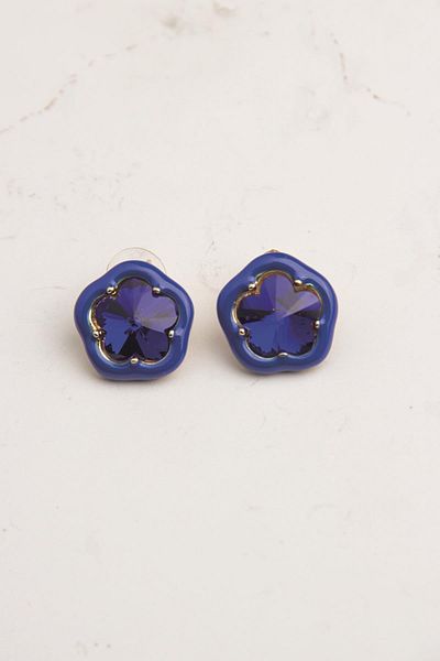 Modex Navy Blue Jewelled Enamel Flower Earrings (2cm)