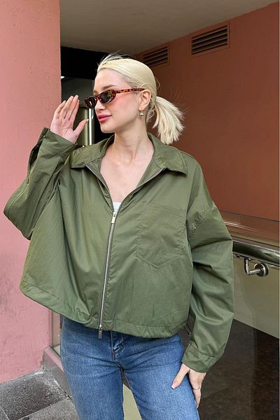 Madmext Khaki Zippered Women's Oversize Jacket with Pocket Detail Mg2188