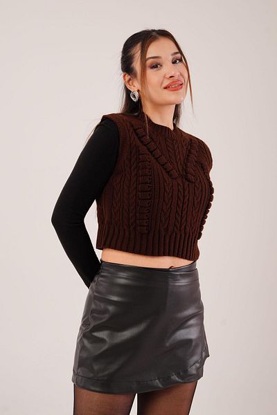 Hipo Trend Self Embossed Pattern Brown Knitwear Sweater