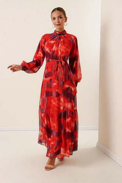 By Saygı Top Pleated Waist Belted Lined Tie-Dye Pattern Long Chiffon Dress