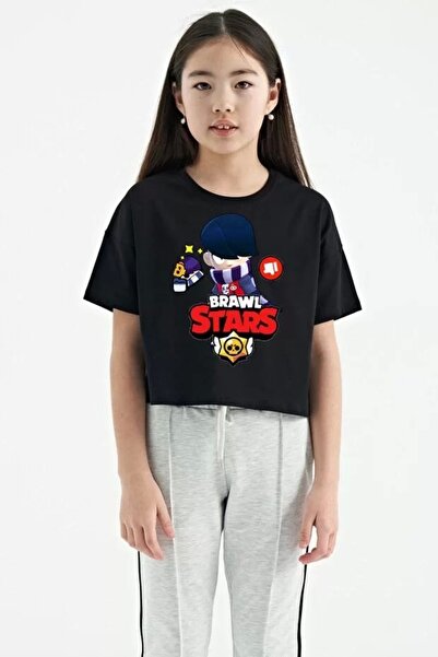 Unisex Bisiklet Yaka Kısa Kol Baskılı Çocuk T-Shirt - Siyah