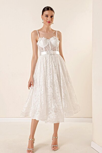 By Saygı Rope Strap Underwire Lined See-Through Tulle Dress with Waist Belt