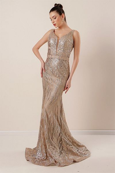 By Saygı Ghost Tulle Glitter Long Dress - Thick Straps and Lined