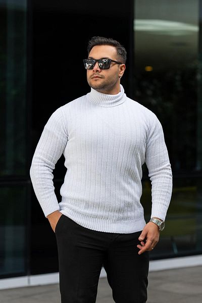 VİP LOKAL Pulover alb pentru bărbați, slim fit, cu gât înalt