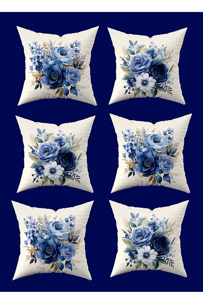 Şah Dekor Set de huse de pernă decorative din 6 piese, cu model floral albastru, crem