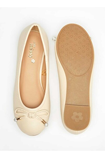 Little Missy Solid Round Toe Ballerina Shoes with Bow Detail