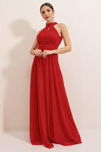 By Saygı Boyundan Bağlamalı Astarlı Simli Uzun Elbise