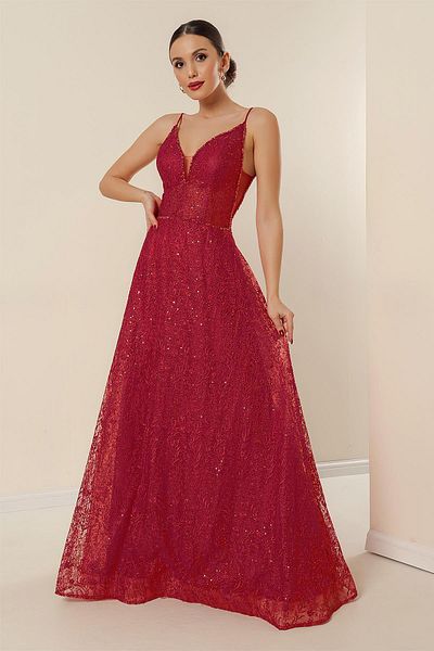 By Saygı Rope Strap Lined Beading Detailed Embroidery Embroidered Sequin Long Dress