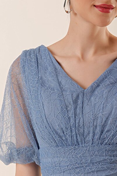 By Saygı Front Back V Neck Short Balloon Sleeves Lined Spider Pattern Silvery Tulle Midi Dress