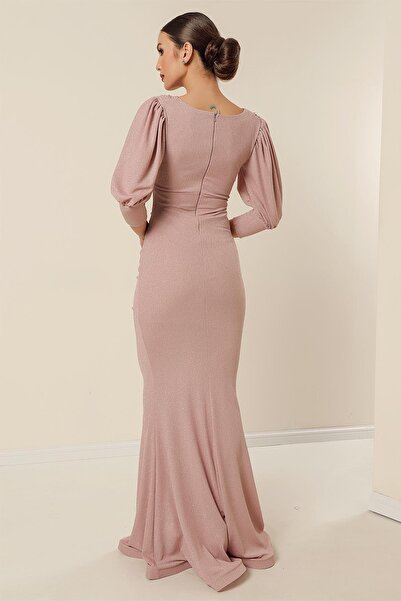 By Saygı Double Breasted Neckline Lining Front Draped Side Slit Sleeve Cuff Long Glitter Dress