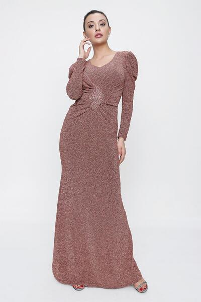 By Saygı Long Sleeve Silvery Long Dress with Lining and Diamond Detail on the Waist