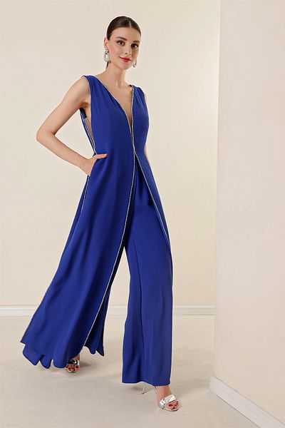 By Saygı V-Neck Thick Straps Front and Side Tulle Detailed Double Side and Stone Detailed Jumpsuit