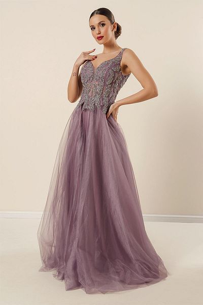 By Saygı Front Back V Neck Top Beaded Lined Long Tulle Dress
