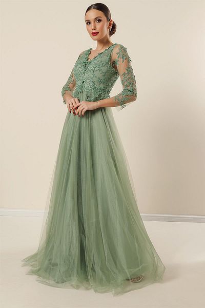 By Saygı Front Back V Neck Top Glitter Motif Lined Long Tulle Dress