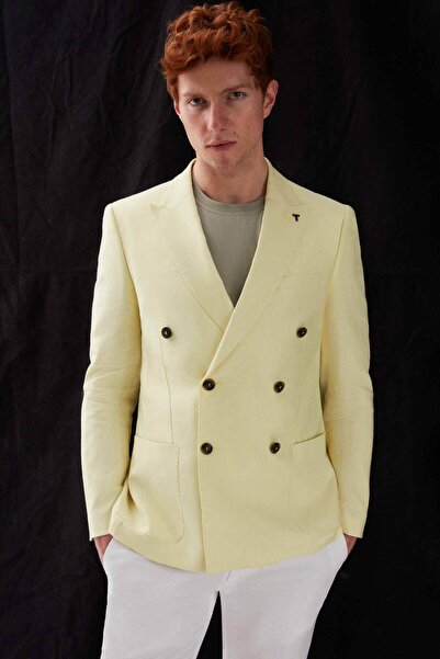 Tween Slim Fit Sarı Keten-Pamuk Kruvaze Kumaş Ceket