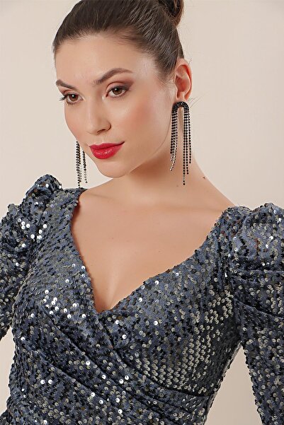 By Saygı Shoulder and Waist Pleated Lined Sequin Long Velvet Dress