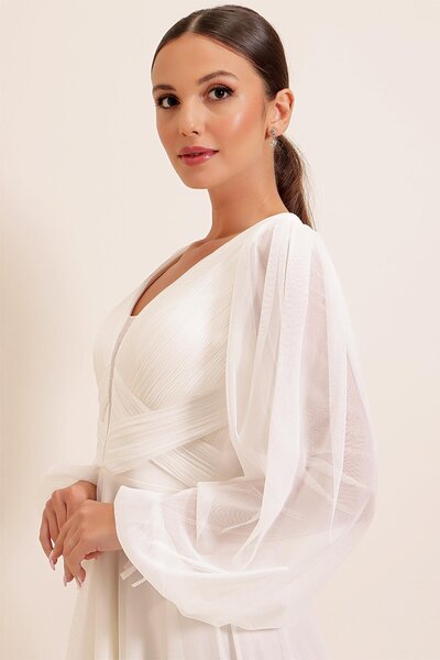 By Saygı Front Back V Neck Balloon Sleeve Long Tulle Dress