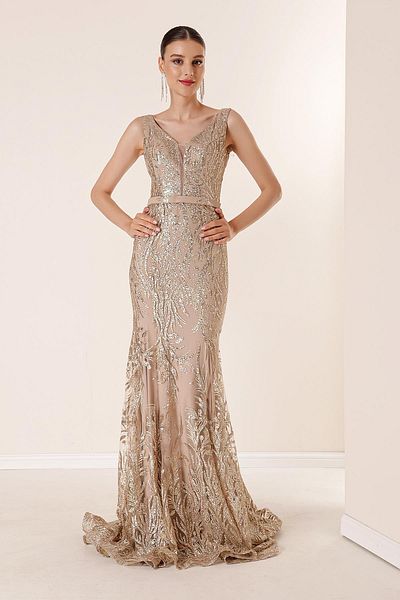 By Saygı V-Neck Lined Glittery Flock Print Long Dress
