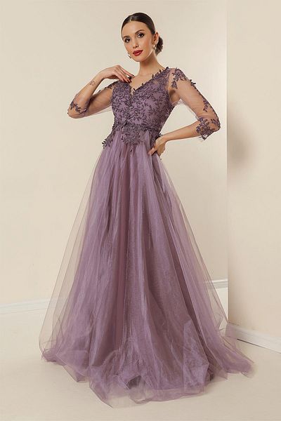 By Saygı Front Back V Neck Top Glitter Motif Lined Long Tulle Dress