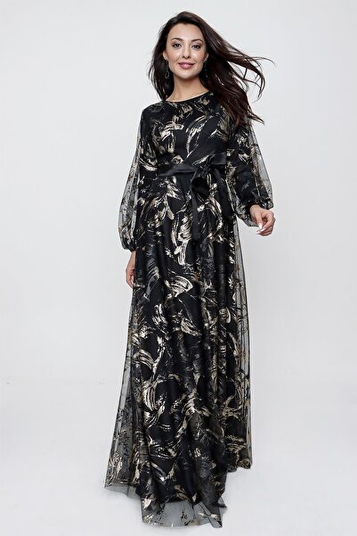 By Saygı Patterned Long Tulle Dress with Belted Waist