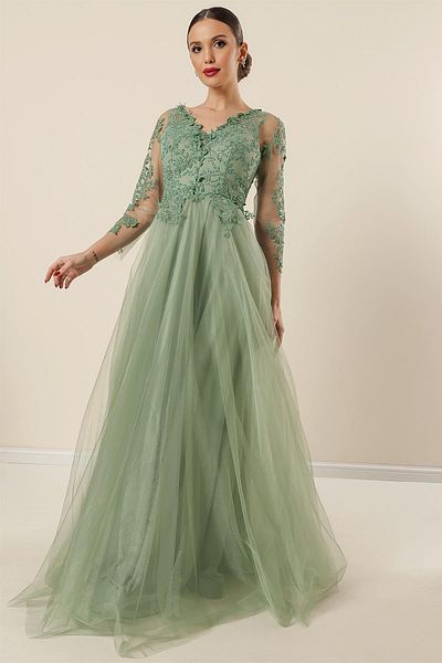 By Saygı Front Back V Neck Top Glitter Motif Lined Long Tulle Dress