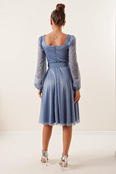 By Saygı Rochie cu sclipici cu guler pătrat, cu centură, cu mânecă cu balon