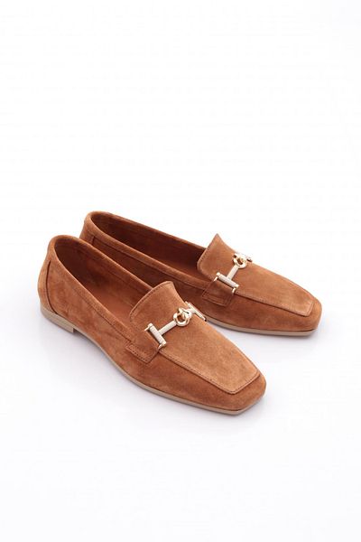 DGN Γυναικεία Παπούτσια Loafer με αγκράφα Tan Suede Γνήσιο δέρμα 4763841