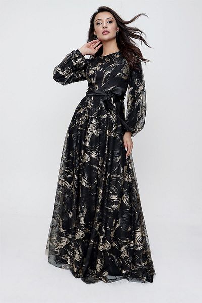 By Saygı Patterned Long Tulle Dress with Belted Waist