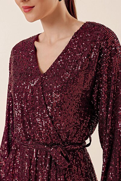 By Saygı V-Neck Waist Belted Lined Sequin Short Dress