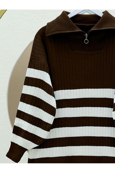 Modamorfo Ribbed Zippered Half Throat Knitwear Tunic - Brown