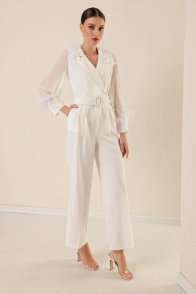By Saygı Chiffon-Overall mit Federdetails, Ärmeln, Taillengürtel und Taschen