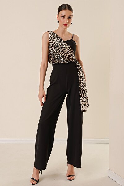 By Saygı Jednostranná silná ramínka s leopardím vzorem Saténový overal se širokými nohavicemi