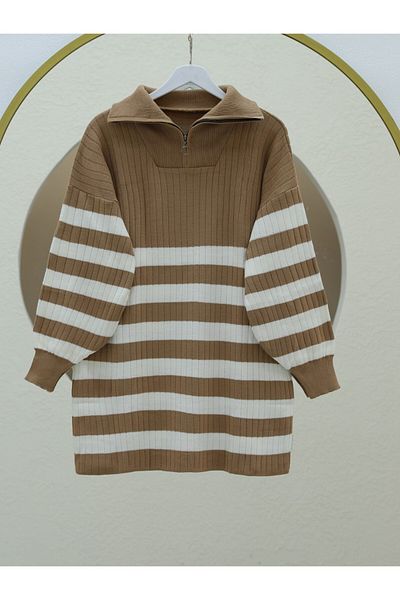 Modamorfo Ribbed Mink Knitwear Tunic - Half Throat and Zipper