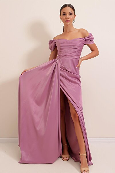 By Saygı Μακρύ σατέν φόρεμα με πλισέ λαιμόκοψη Madonna