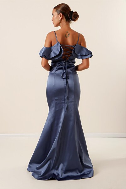 By Saygı Provazový popruh s nízkým rukávem Šněrování vzadu Podšívka Dlouhé saténové šaty