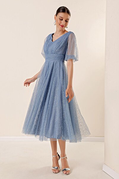 By Saygı Front Back V Neck Short Balloon Sleeves Lined Spider Pattern Silvery Tulle Midi Dress