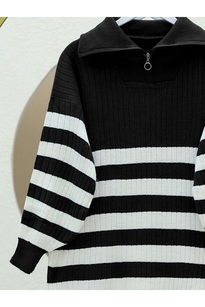 Modamorfo Ribbed Half-Neck Zippered Knitwear Tunic -Black