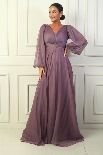 By Saygı V-neck Balloon Sleeve Long Tulle Dress - Front and Back Design