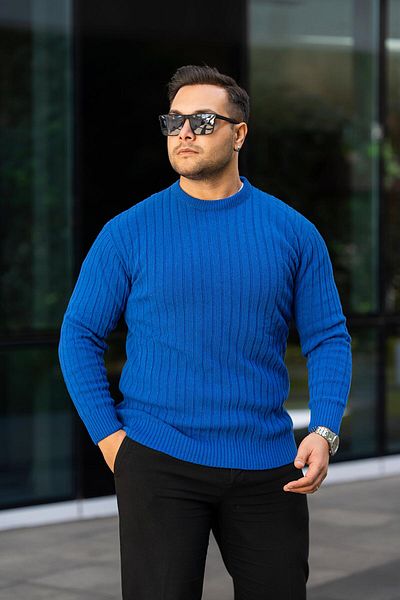 VİP LOKAL Pulover Saks Blue, slim fit, cu modele, care nu se scurge