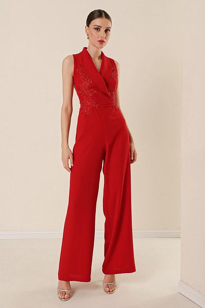 By Saygı Double Breasted Neck Beaded and Embroidered Jumpsuit